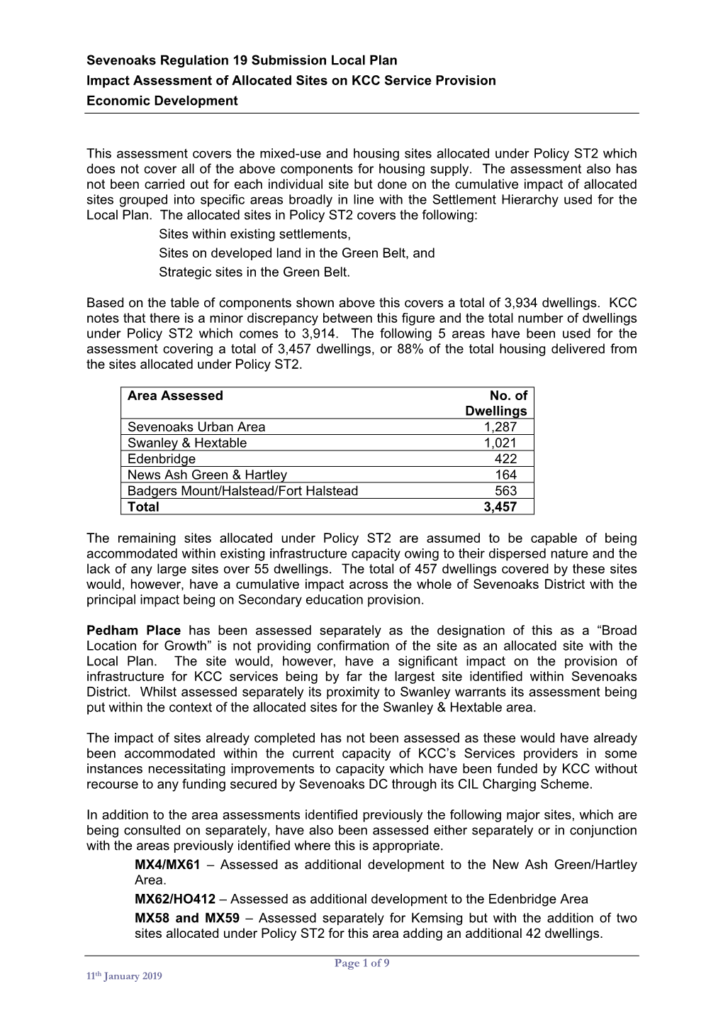 Sevenoaks Regulation 19 Submission Local Plan Impact Assessment of Allocated Sites on KCC Service Provision Economic Development