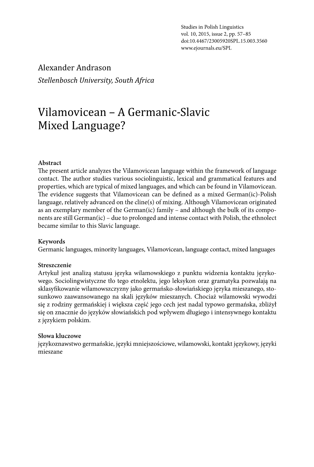 Vilamovicean – a Germanic-Slavic Mixed Language?