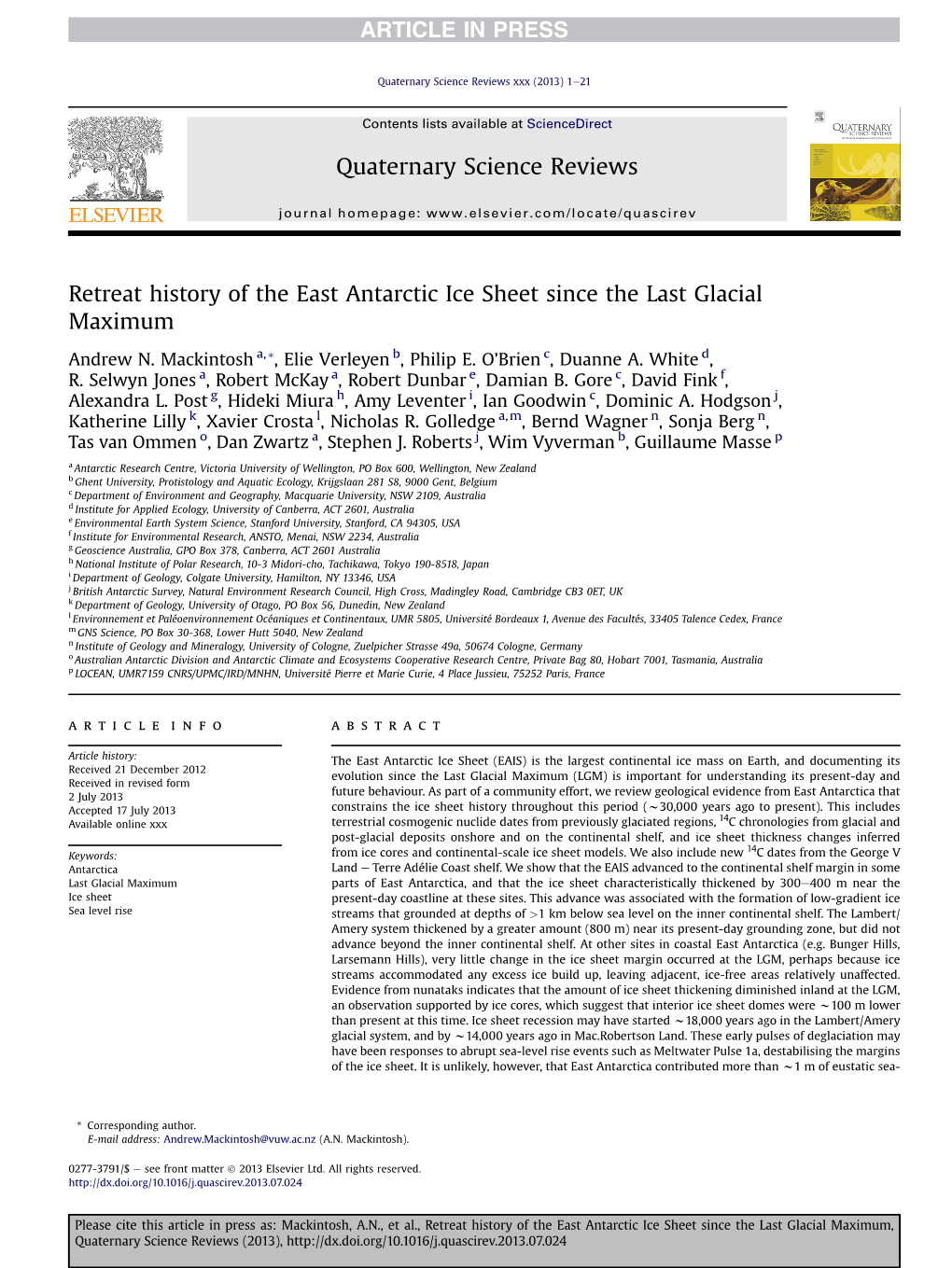 Retreat History of the East Antarctic Ice Sheet Since the Last Glacial Maximum