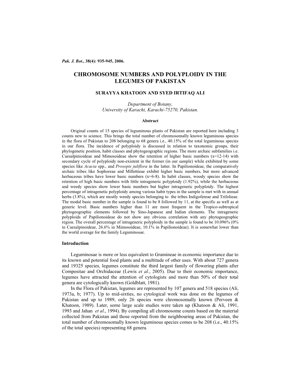 Chromosome Numbers and Polyploidy in the Legumes of Pakistan