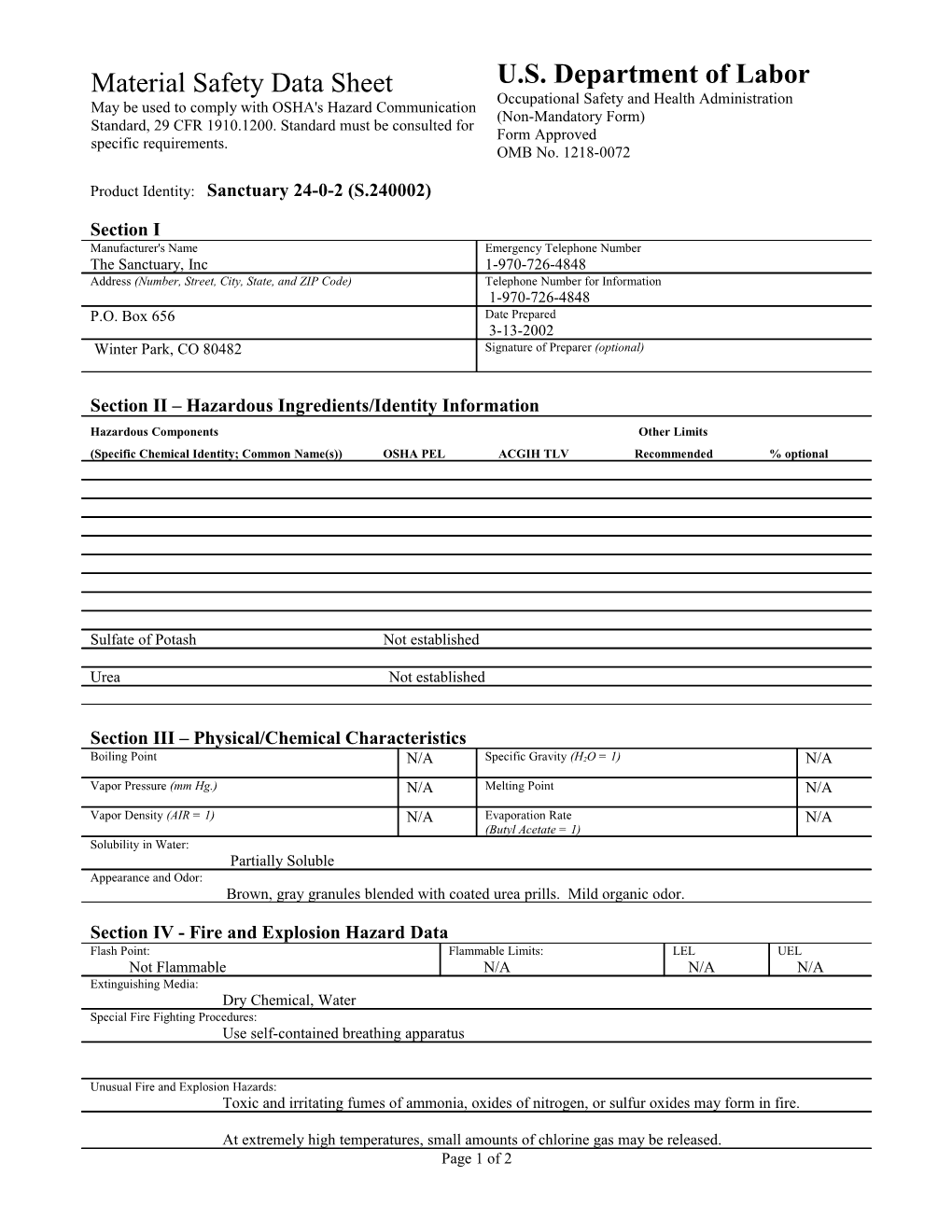 Material Safety Data Sheet s95