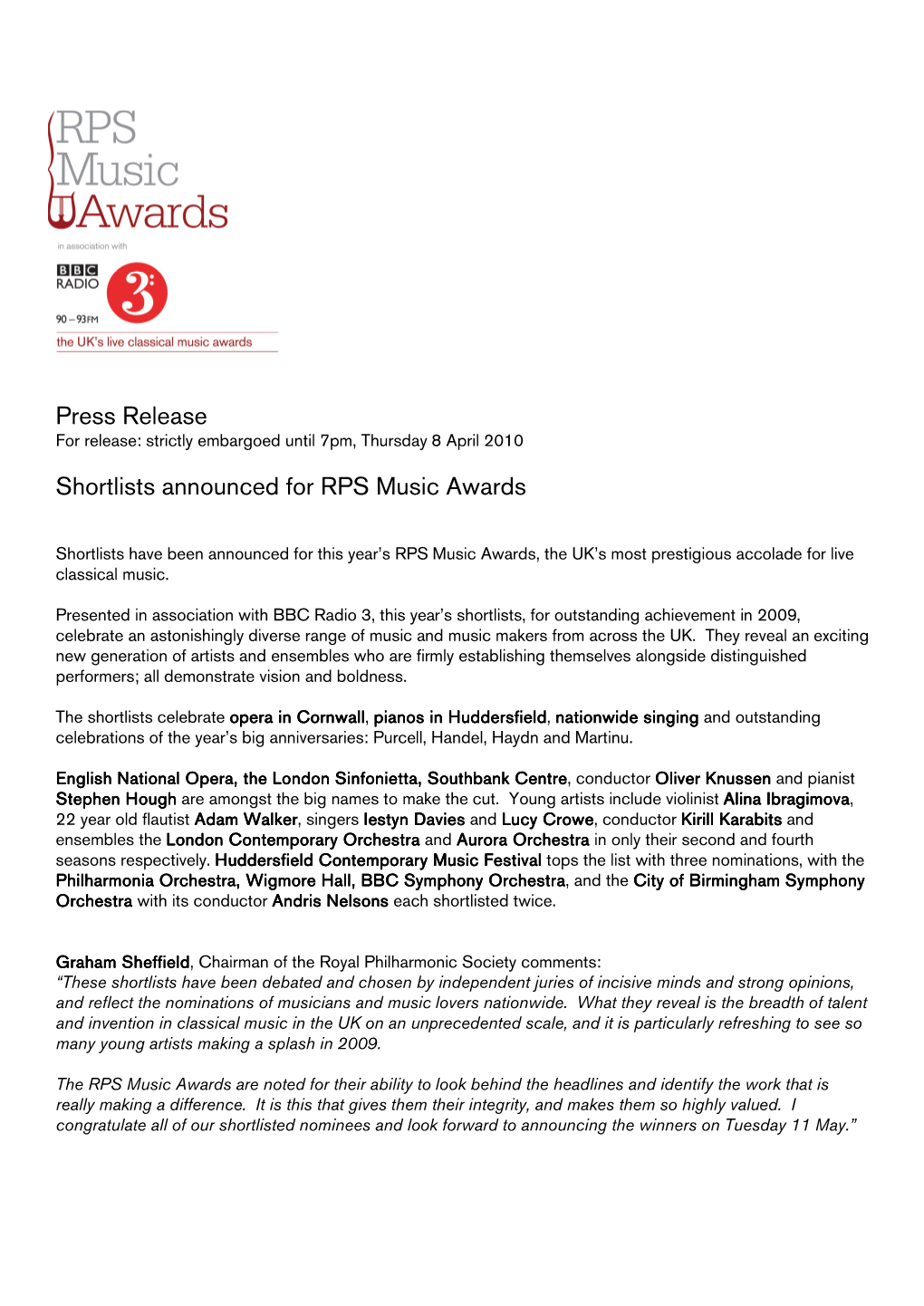 Press Release Shortlists Announced for RPS Music Awards