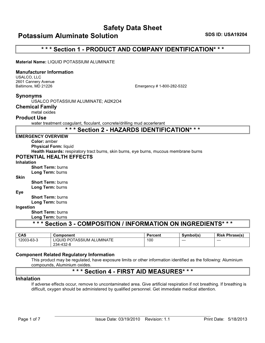 Potassium Aluminate Solution SDS USALCO