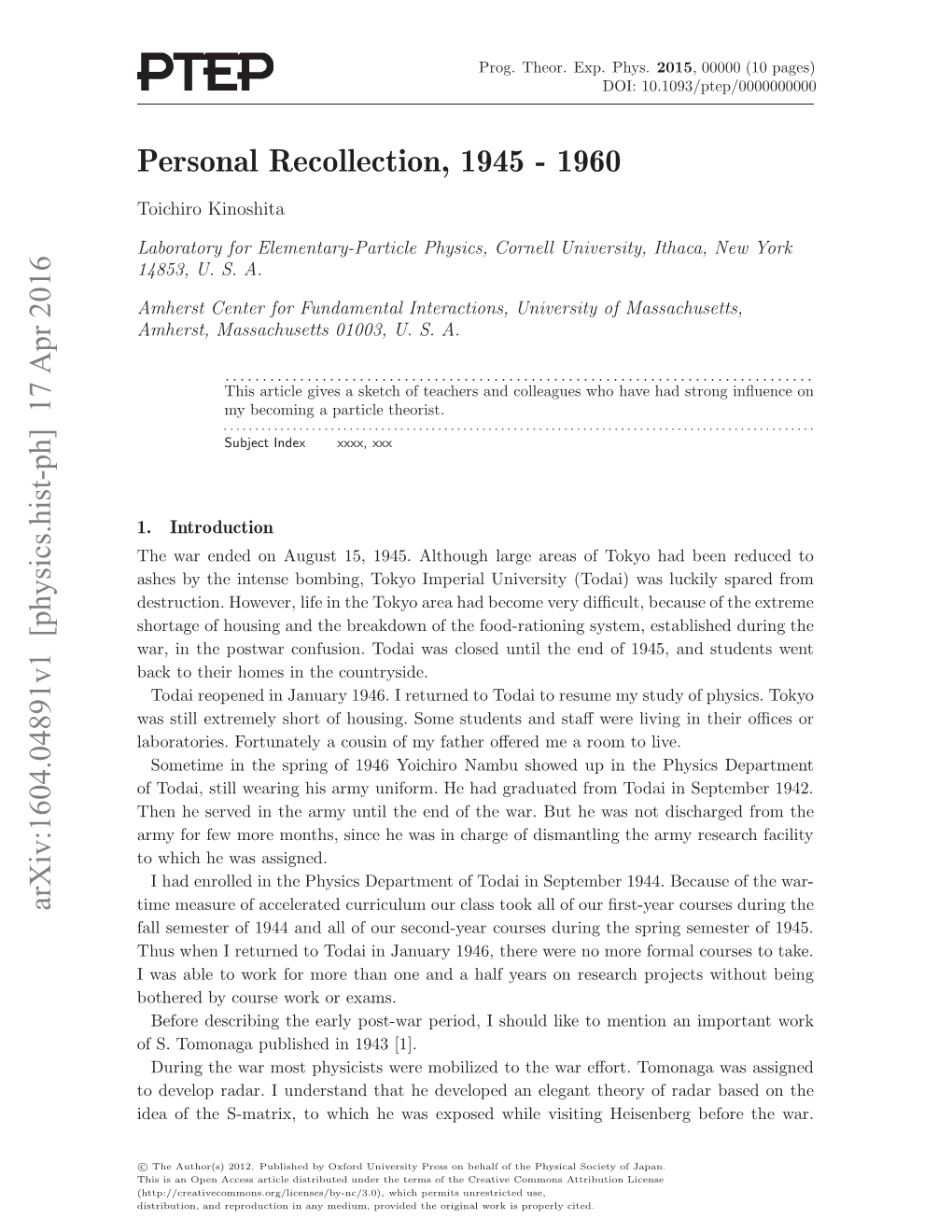 Personal Recollection, 1945-1960