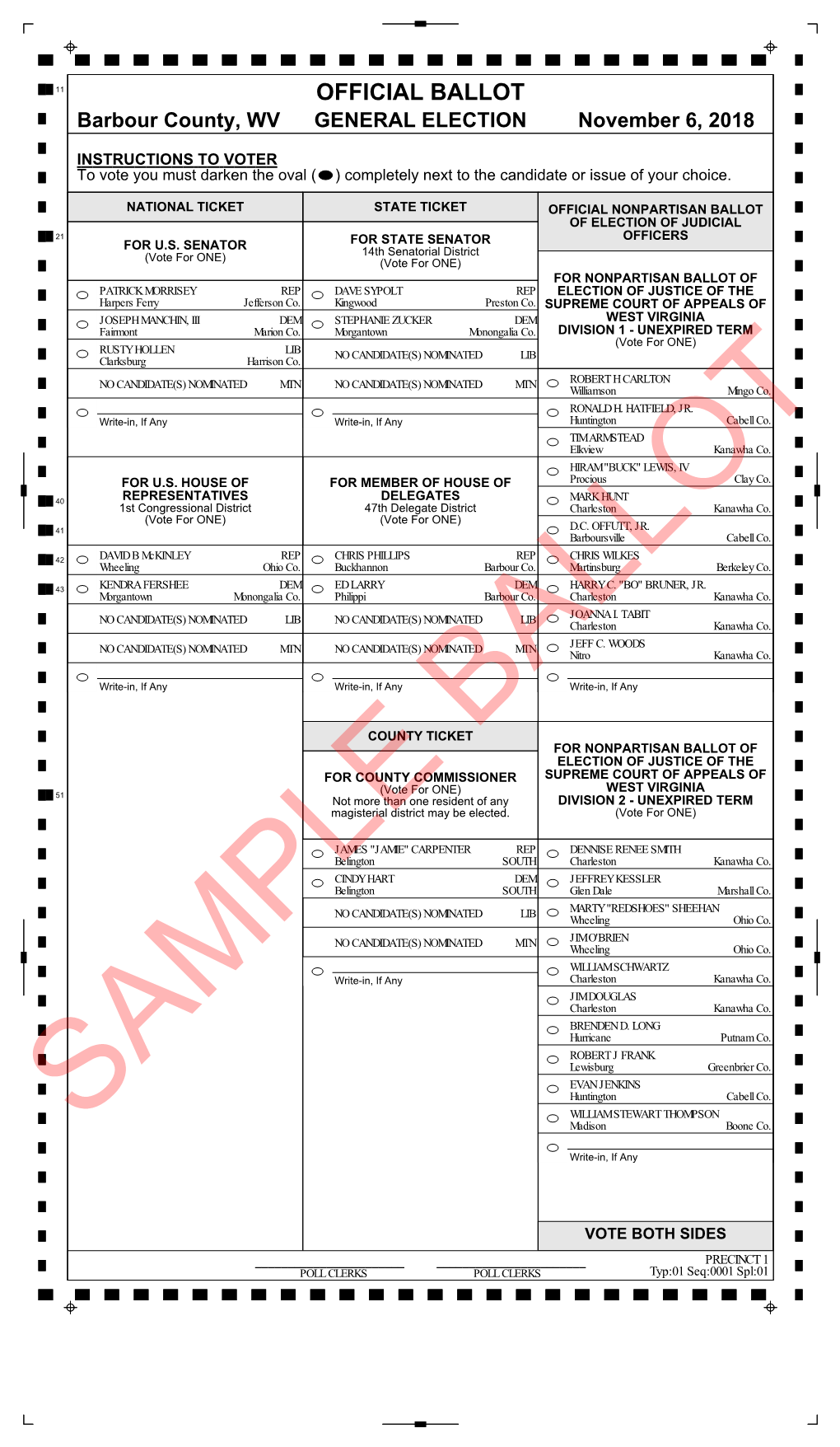 OFFICIAL BALLOT Barbour County, WV GENERAL ELECTION November 6, 2018