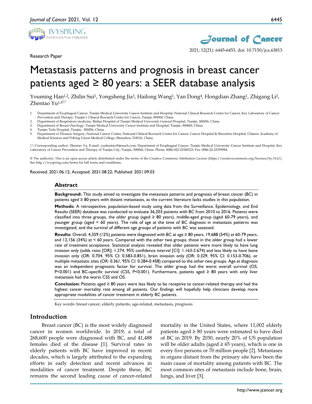 Metastasis Patterns and Prognosis in Breast Cancer Patients Aged ≥ 80