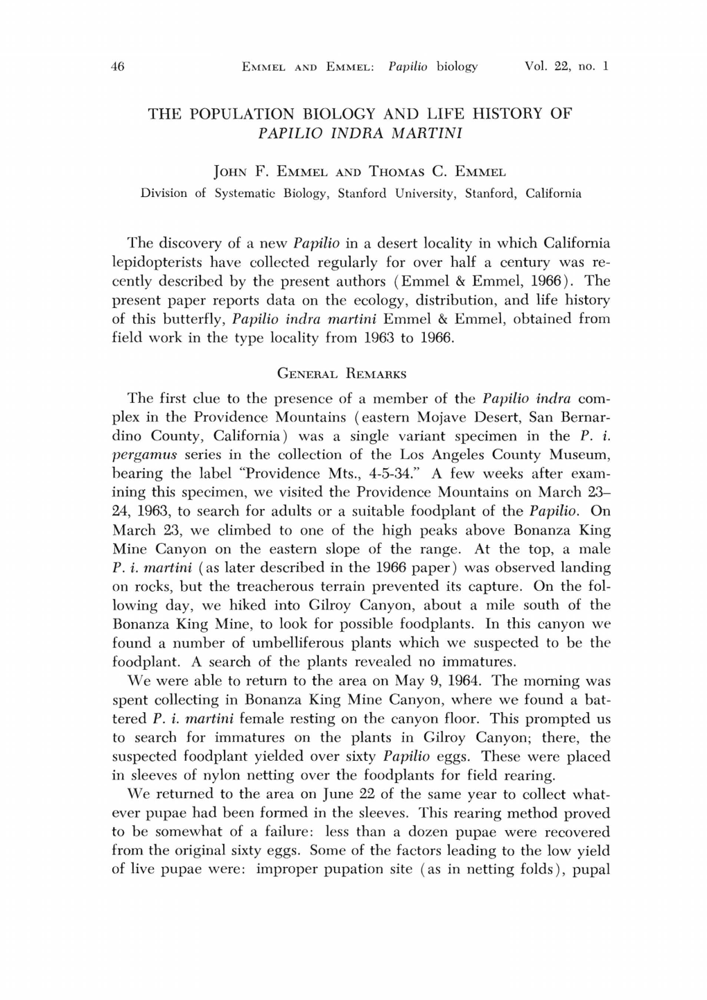 The Population Biology and Life History of Papilio Indra Martini