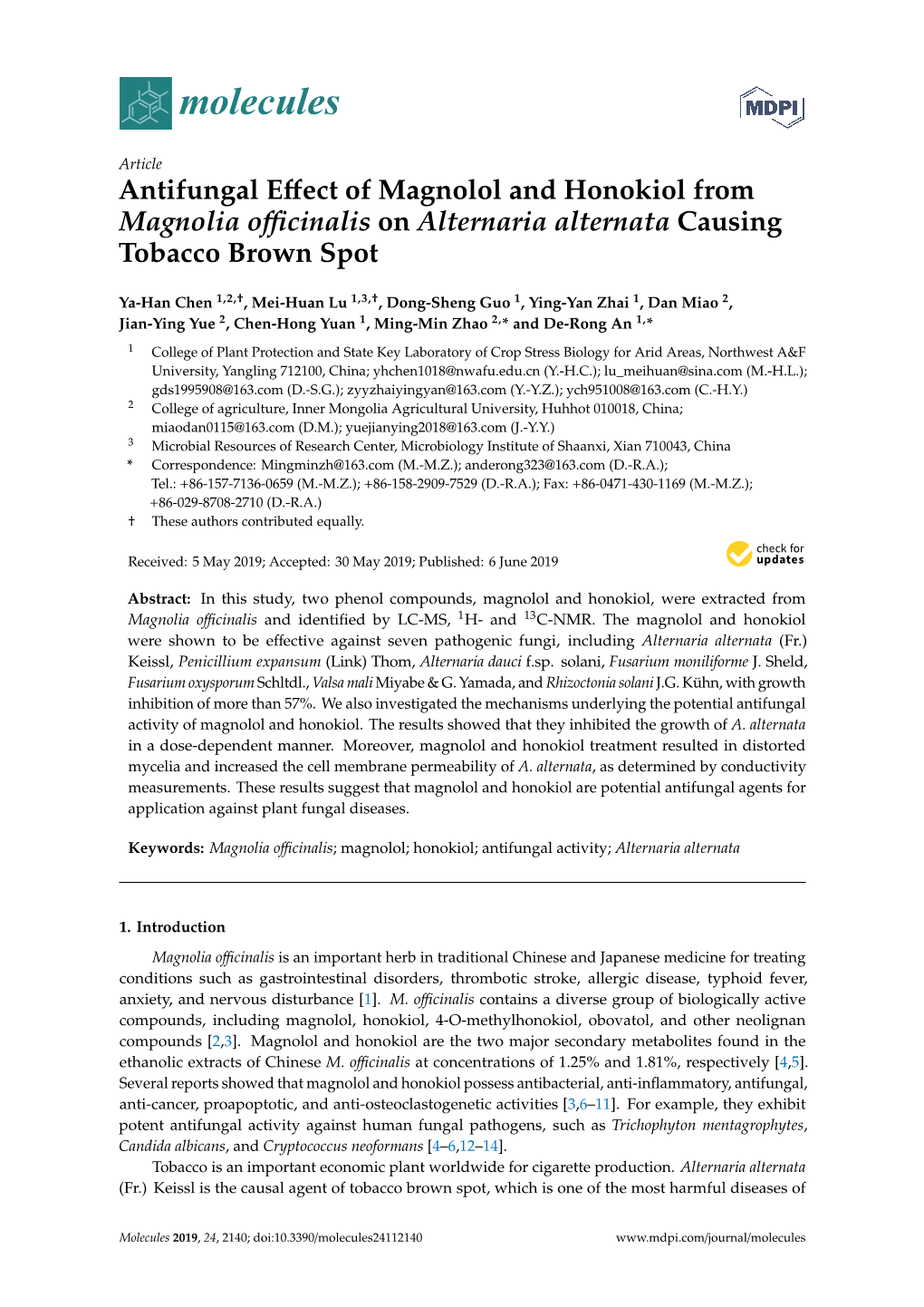 Antifungal Effect of Magnolol and Honokiol from Magnolia Officinalis