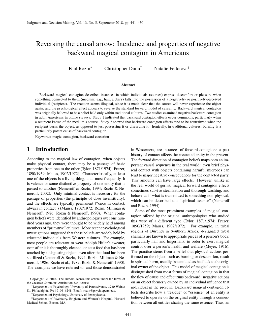 Incidence and Properties of Negative Backward Magical Contagion in Americans
