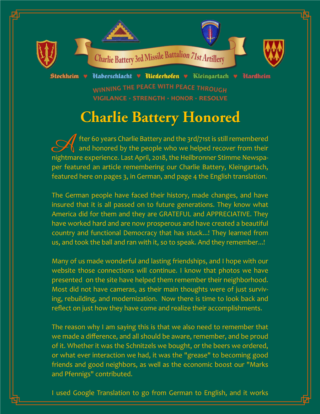 Charlie Battery Honored