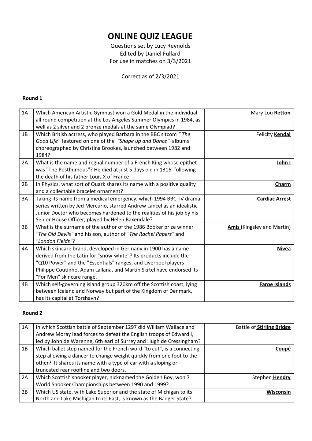 ONLINE QUIZ LEAGUE Questions Set by Lucy Reynolds Edited by Daniel Fullard for Use in Matches on 3/3/2021