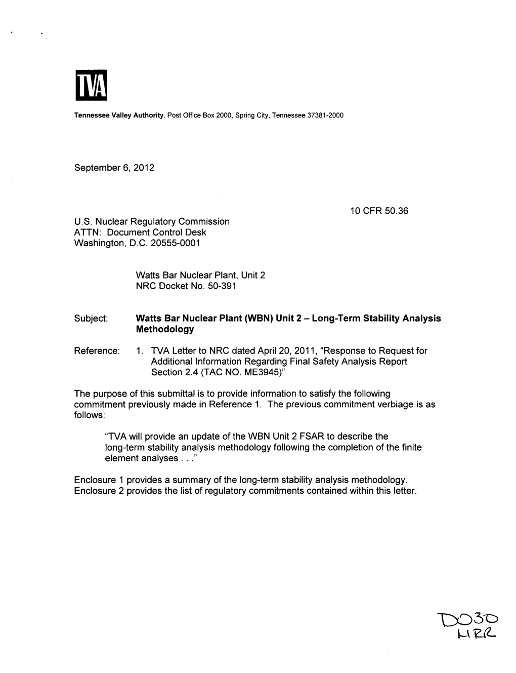 Watts Bar Nuclear Plant, Unit 2 NRC Docket No