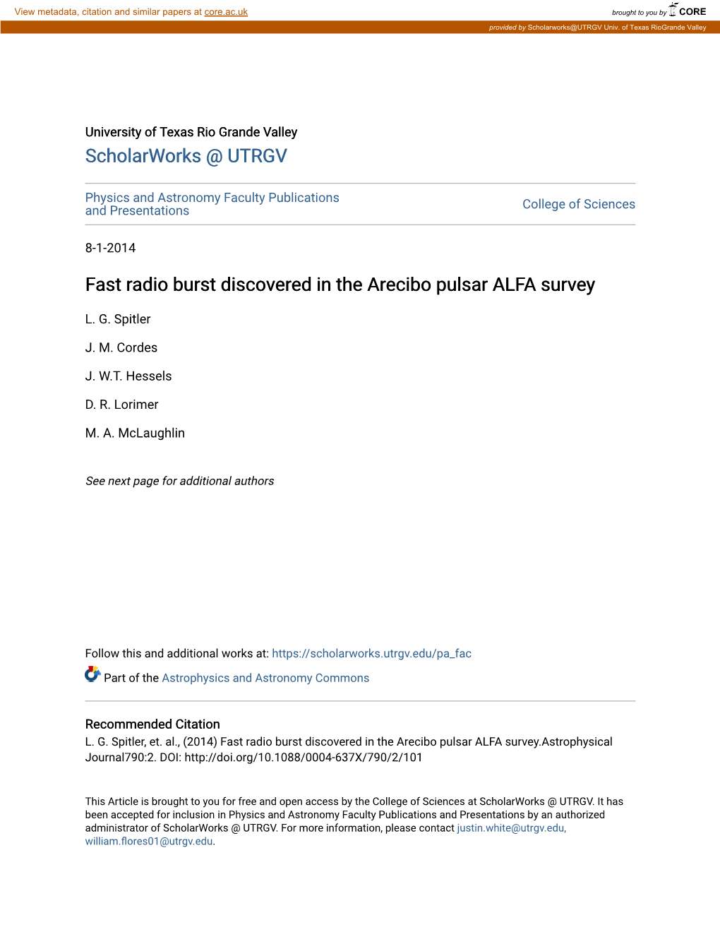 Fast Radio Burst Discovered in the Arecibo Pulsar ALFA Survey