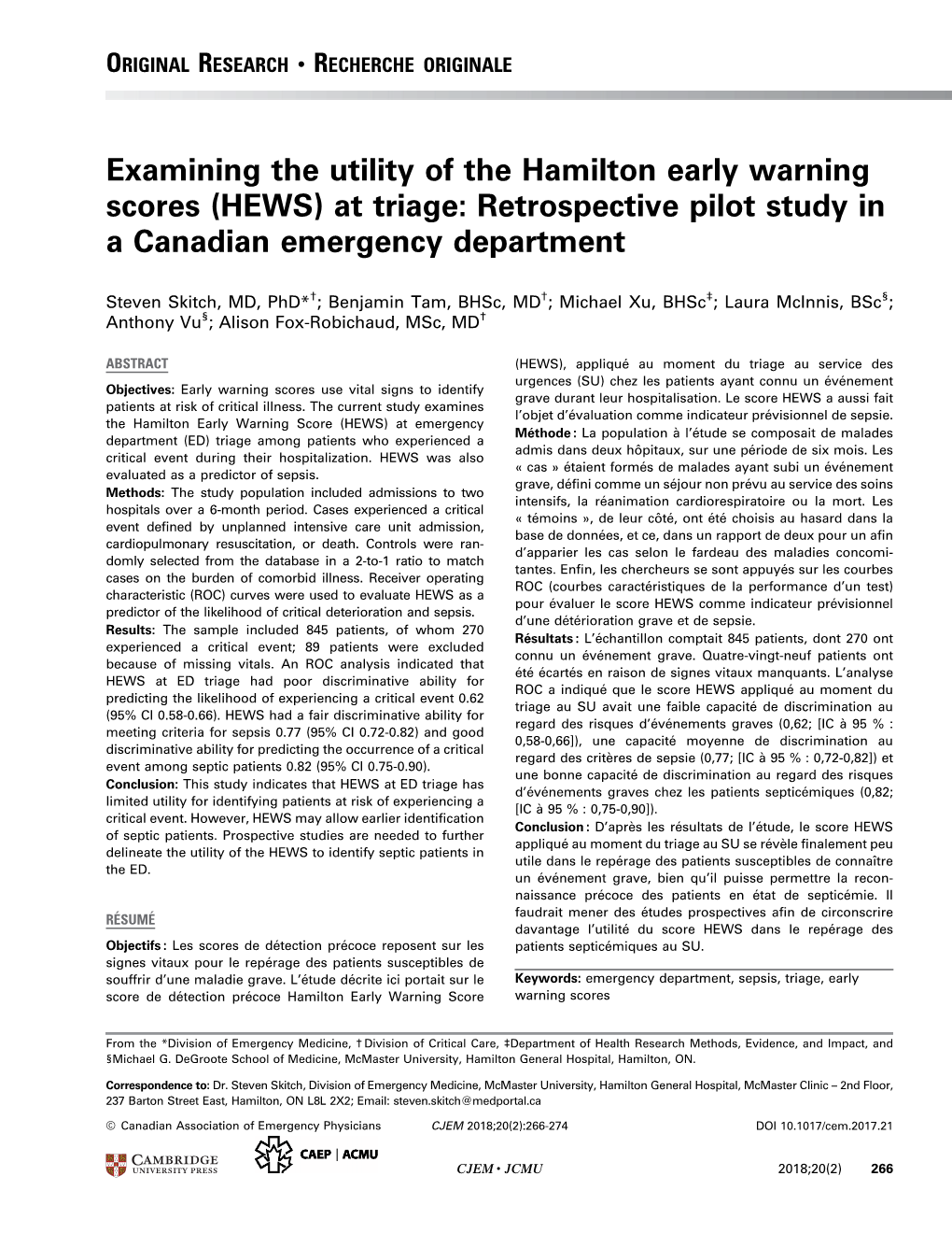 HEWS) at Triage: Retrospective Pilot Study in a Canadian Emergency Department