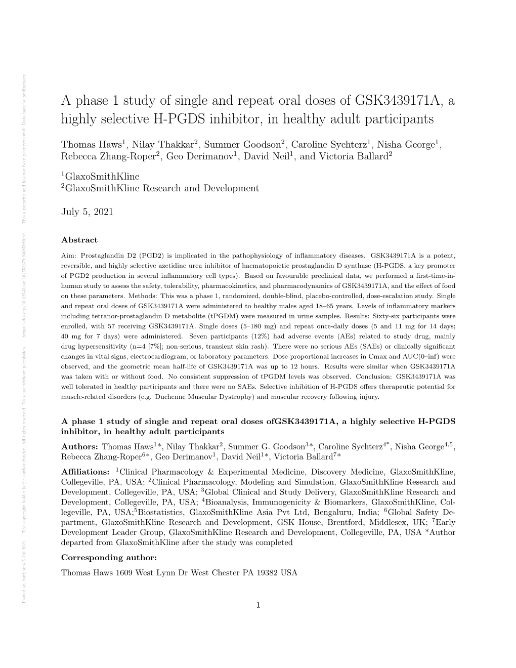 A Phase 1 Study of Single and Repeat Oral Doses of GSK3439171A, a Highly Selective H-PGDS Inhibitor, in Healthy Adult Participan