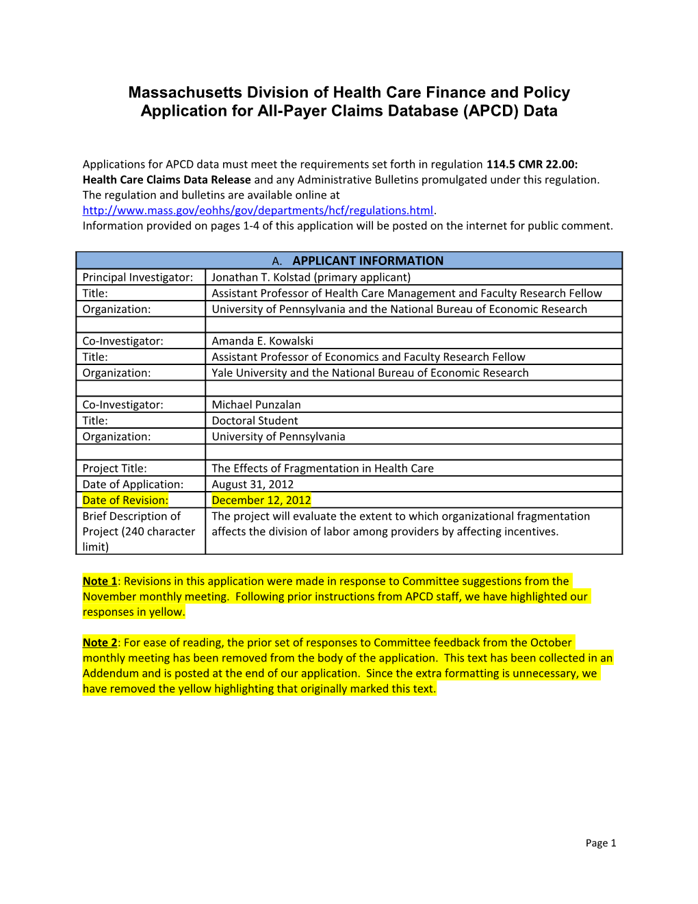 APCD Data Release Application