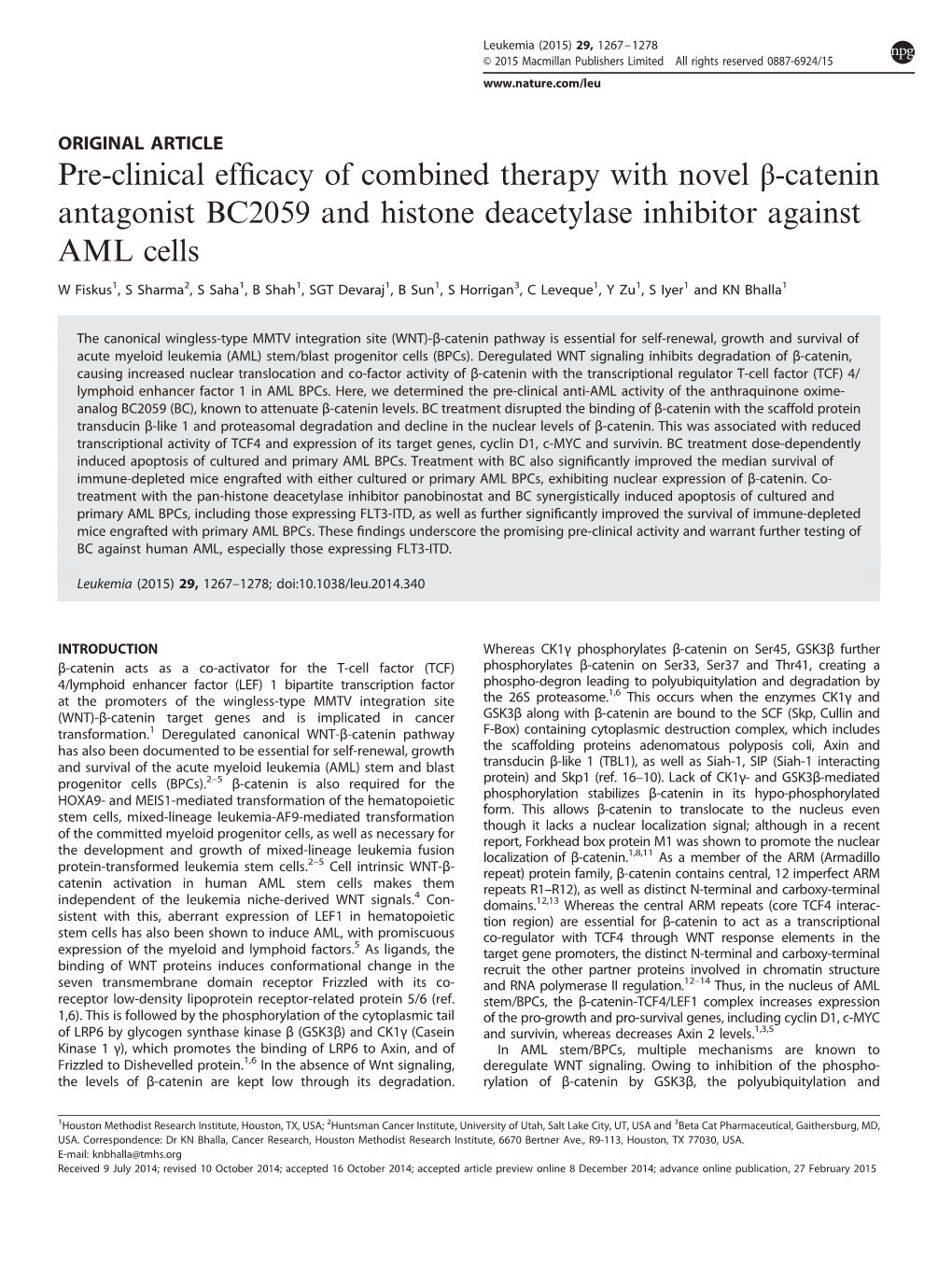 Catenin Antagonist BC2059 and Histone Deacetylase Inhibitor Against AML Cells