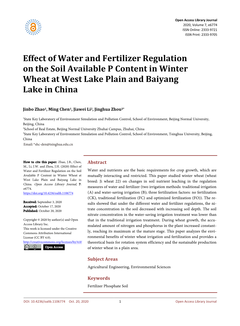 Effect of Water and Fertilizer Regulation on the Soil Available P Content in Winter Wheat at West Lake Plain and Baiyang Lake in China