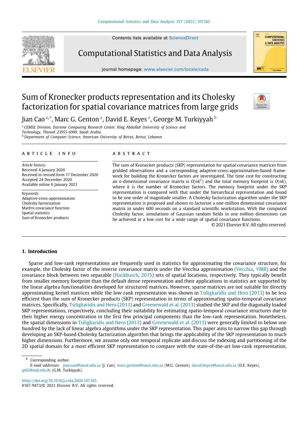 Sum of Kronecker Products Representation and Its Cholesky Factorization for Spatial Covariance Matrices from Large Grids ∗ Jian Cao A, , Marc G