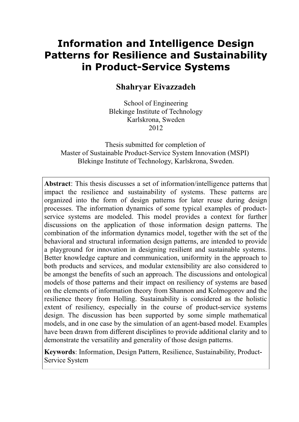 Information and Intelligence Design Patterns for Resilience and Sustainability in Product-Service Systems