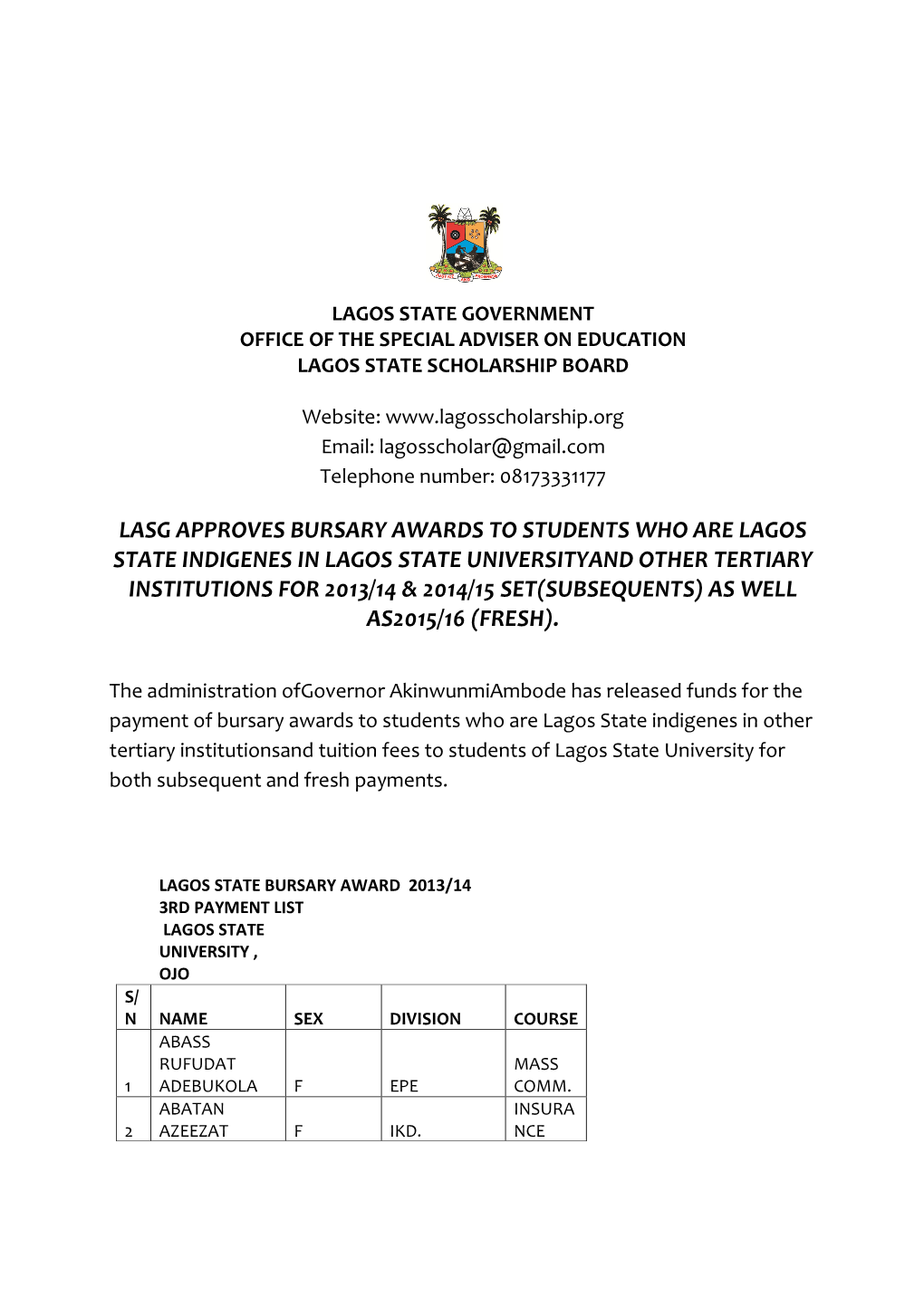 Lasg Approves Bursary Awards to Students Who