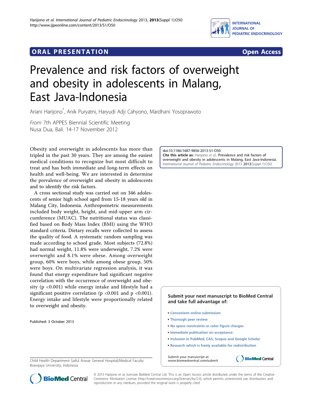 Prevalence and Risk Factors of Overweight and Obesity In
