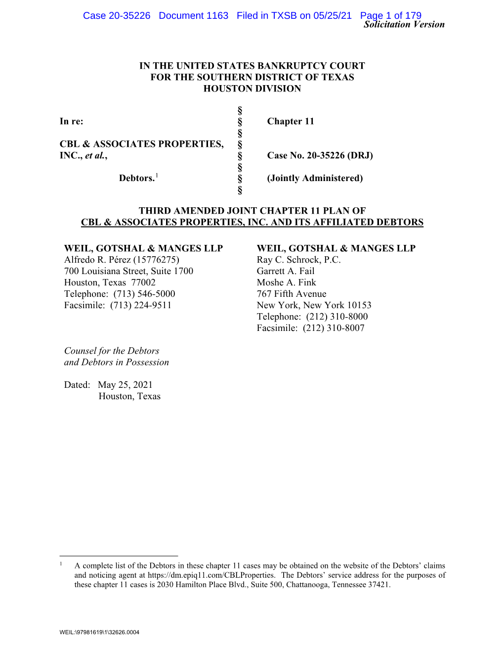 Solicitation Version in the UNITED STATES BANKRUPTCY COURT
