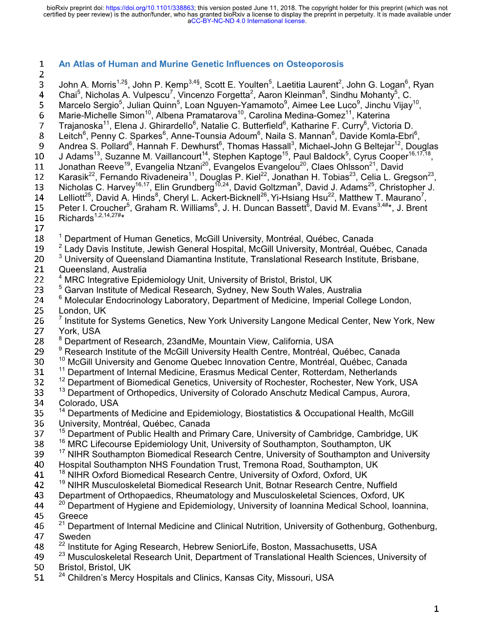 An Atlas of Human and Murine Genetic Influences on Osteoporosis 2 3 John A