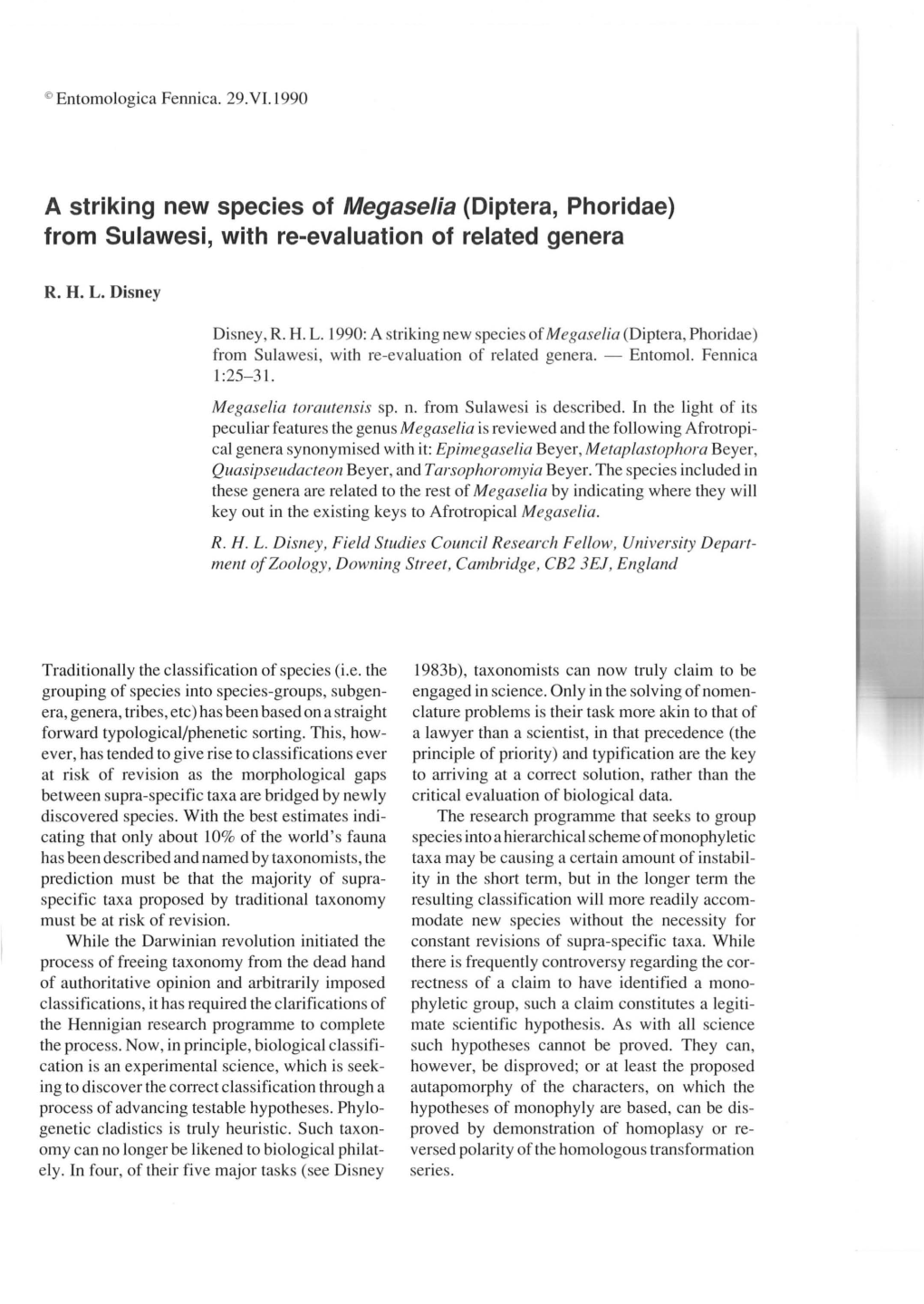 A Striking New Species of Megaselia (Diptera, Phoridae) from Sulawesi, with Re-Evaluation of Related Genera