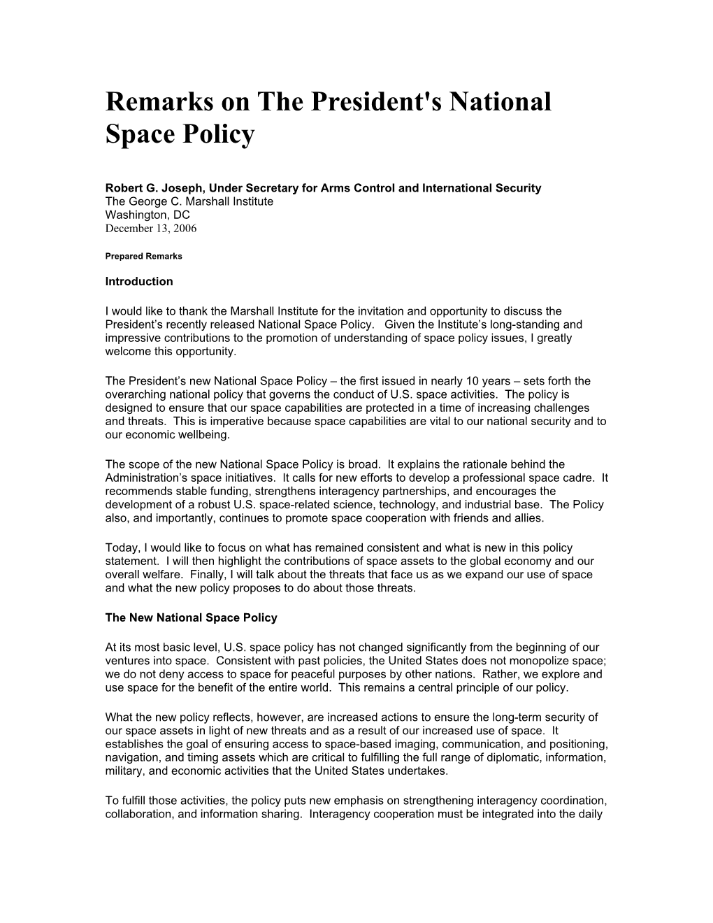 Remarks on the President's National Space Policy