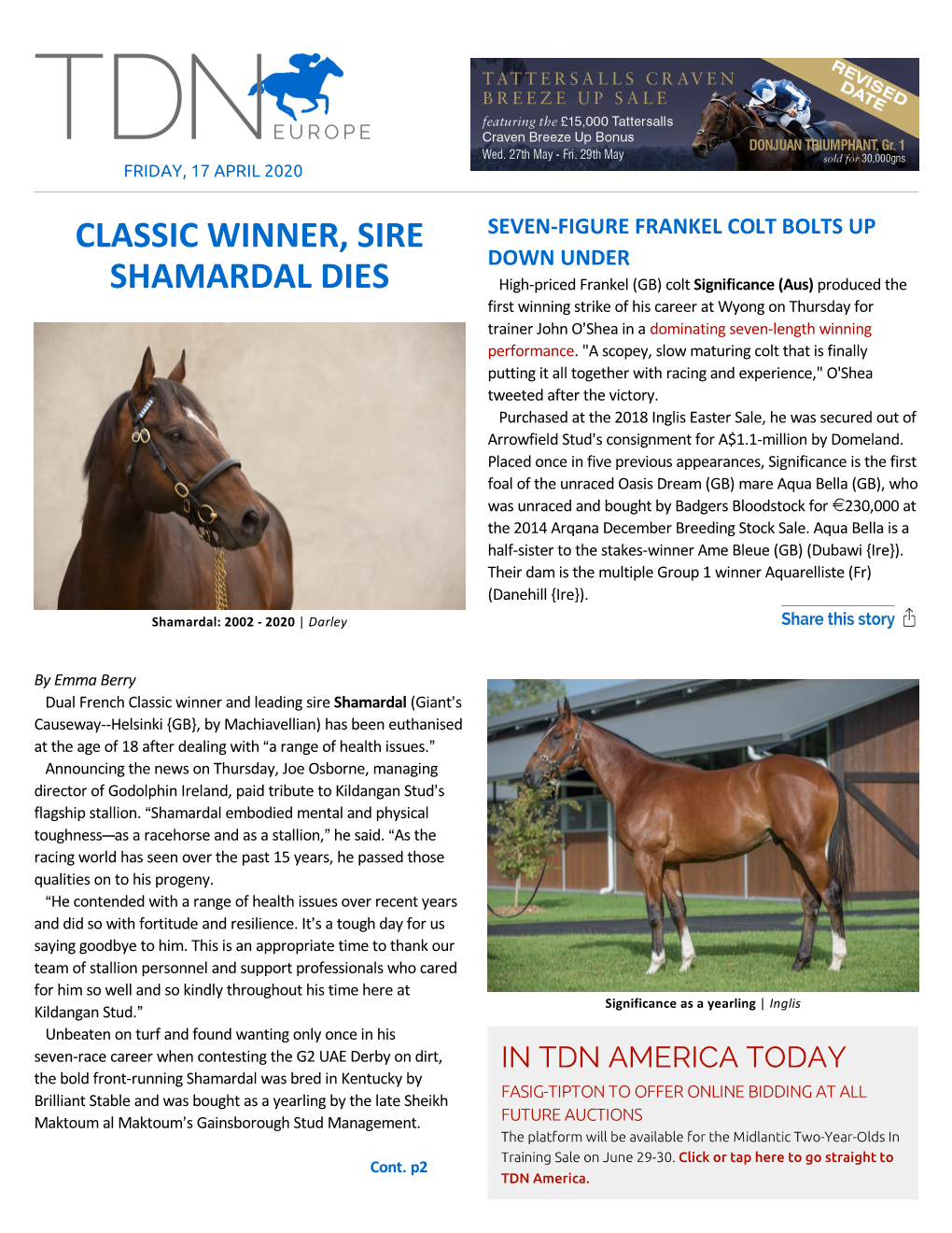 Classic Winner, Sire Shamardal Dies Cont