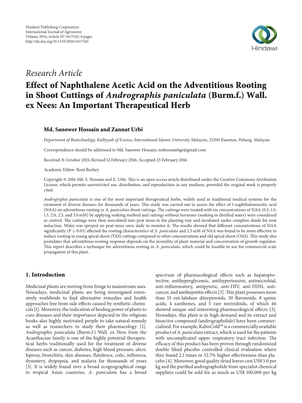 Research Article Effect of Naphthalene Acetic Acid on the Adventitious Rooting in Shoot Cuttings of Andrographis Paniculata (Burm.F.) Wall