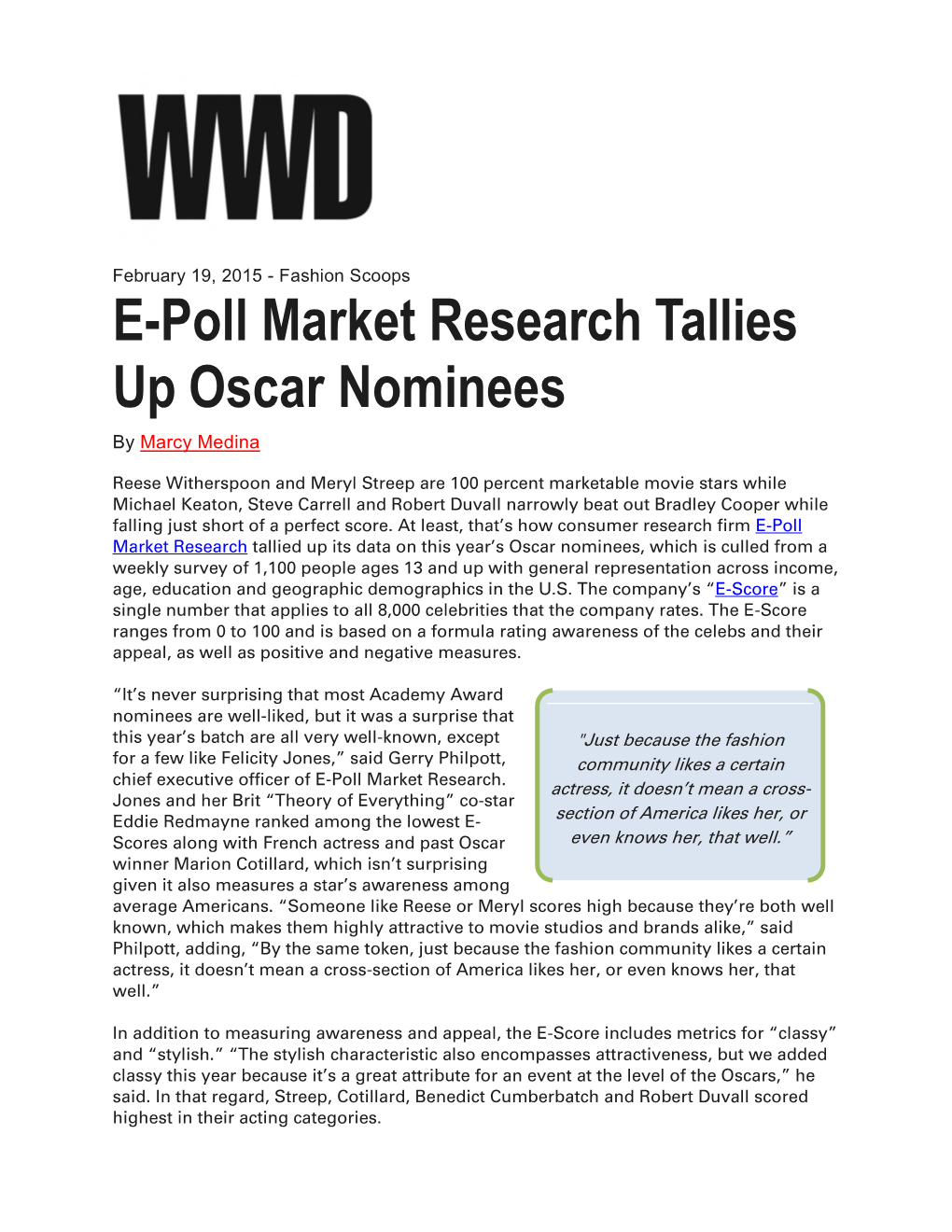 E-Poll Market Research Tallies up Oscar Nominees by Marcy Medina