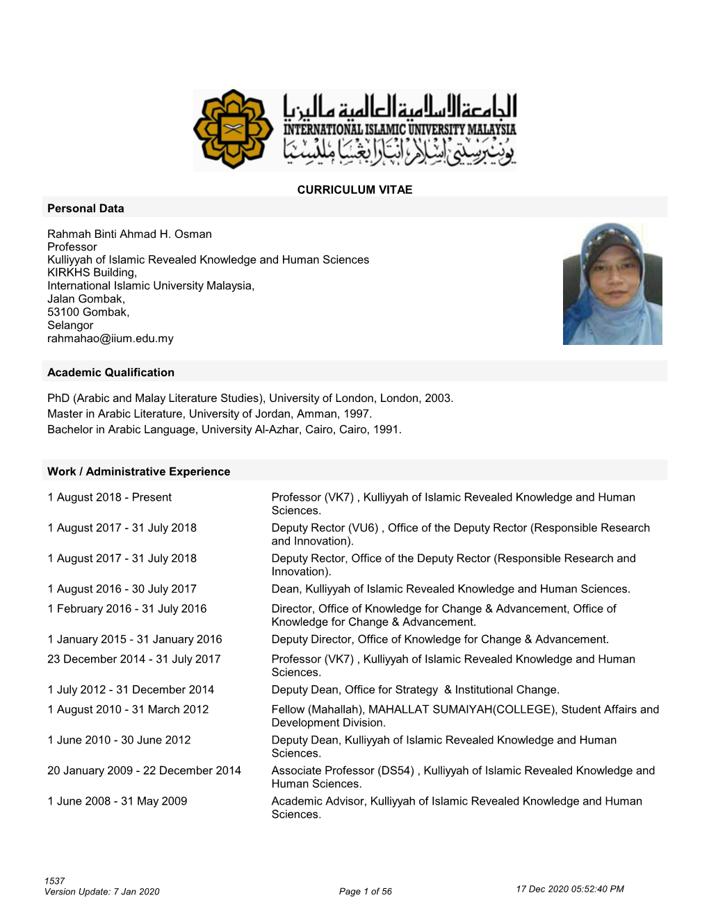 CURRICULUM VITAE Personal Data Rahmah Binti Ahmad H. Osman