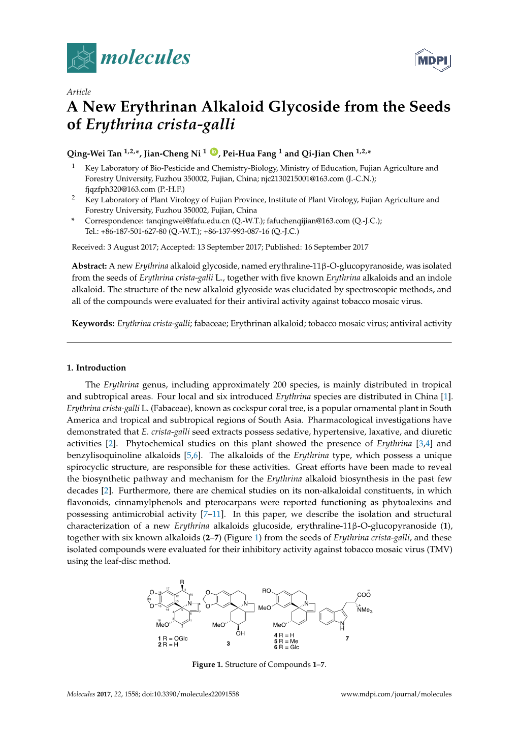A New Erythrinan Alkaloid Glycoside from the Seeds of Erythrina Crista-Galli