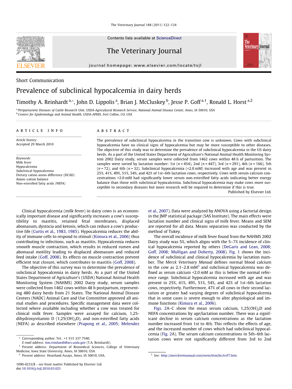 Prevalence of Subclinical Hypocalcemia in Dairy Herds