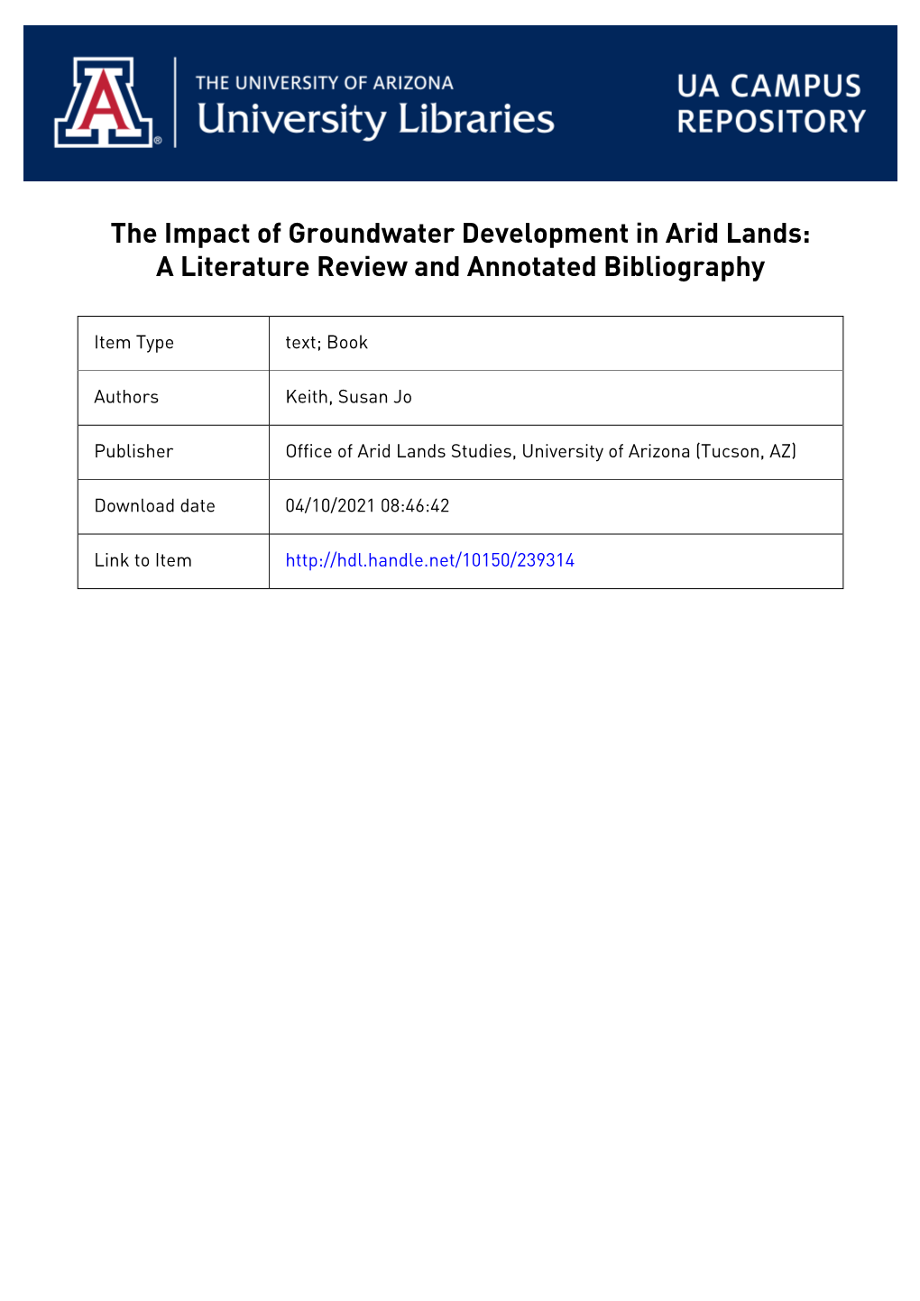 The Impact of Groundwater Development in Arid Lands: a Literature Review and Annotated Bibliography