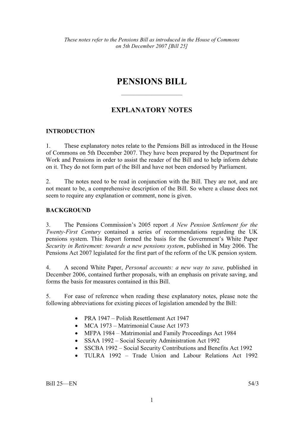 Pensions Bill As Introduced in the House of Commons on 5Th December 2007 [Bill 25]