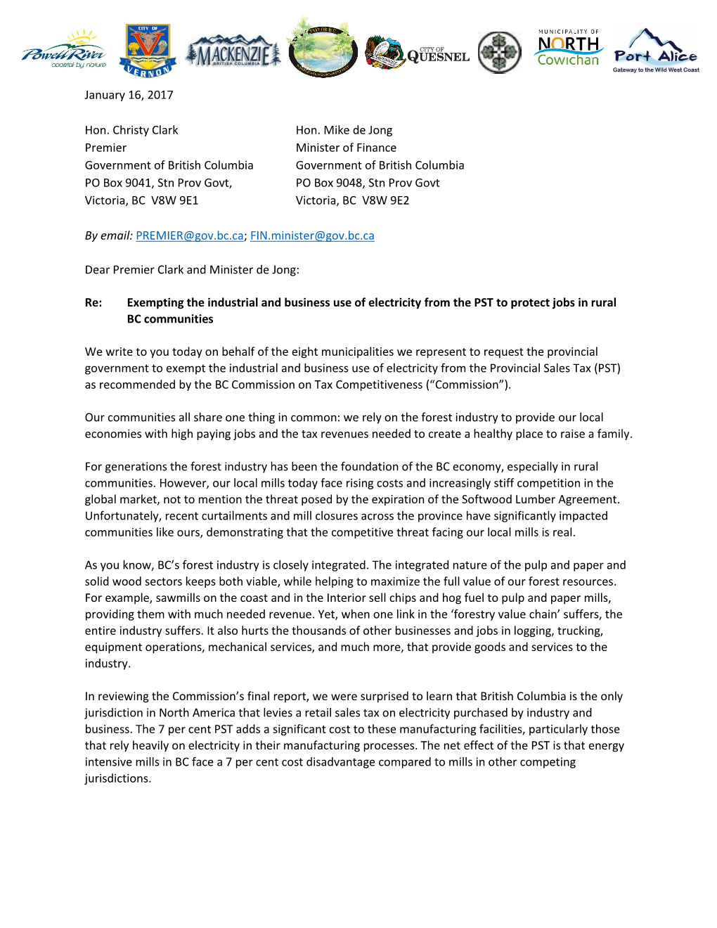 Mayors' Letter to Premier Christy Clark and Minister Mike De Jong