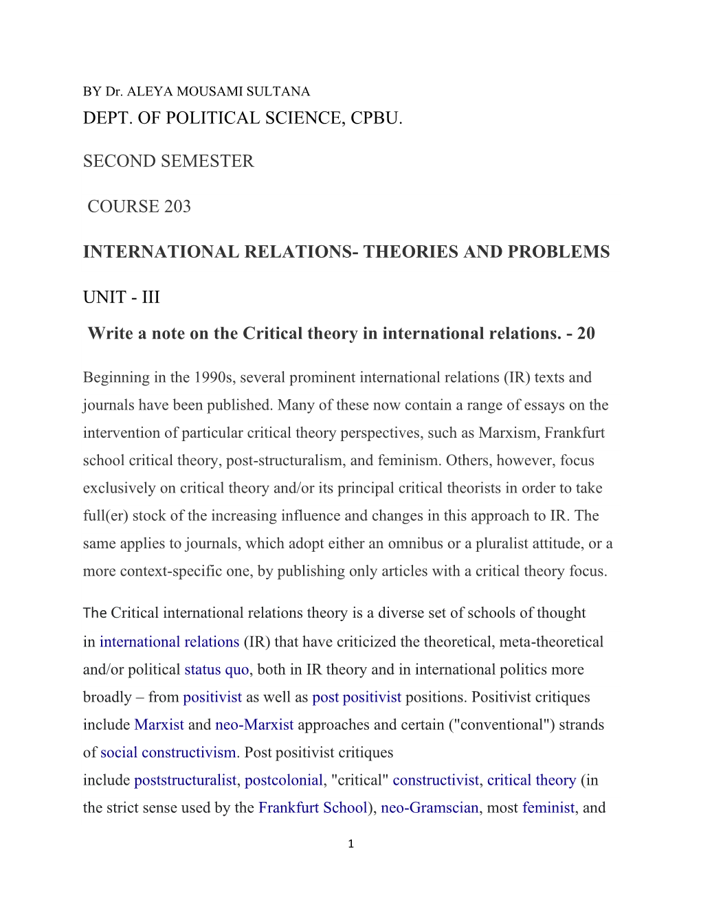 Critical Theory : Dr Aleya Mousami Sultana