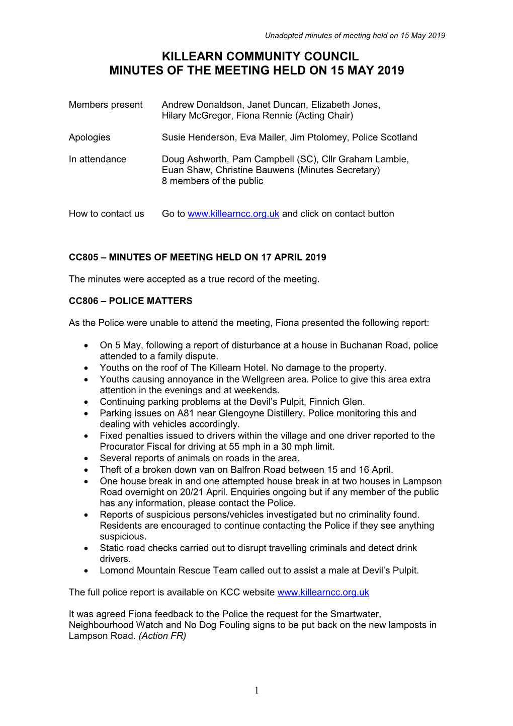 Killearn Community Council Minutes of the Meeting Held on 15 May 2019