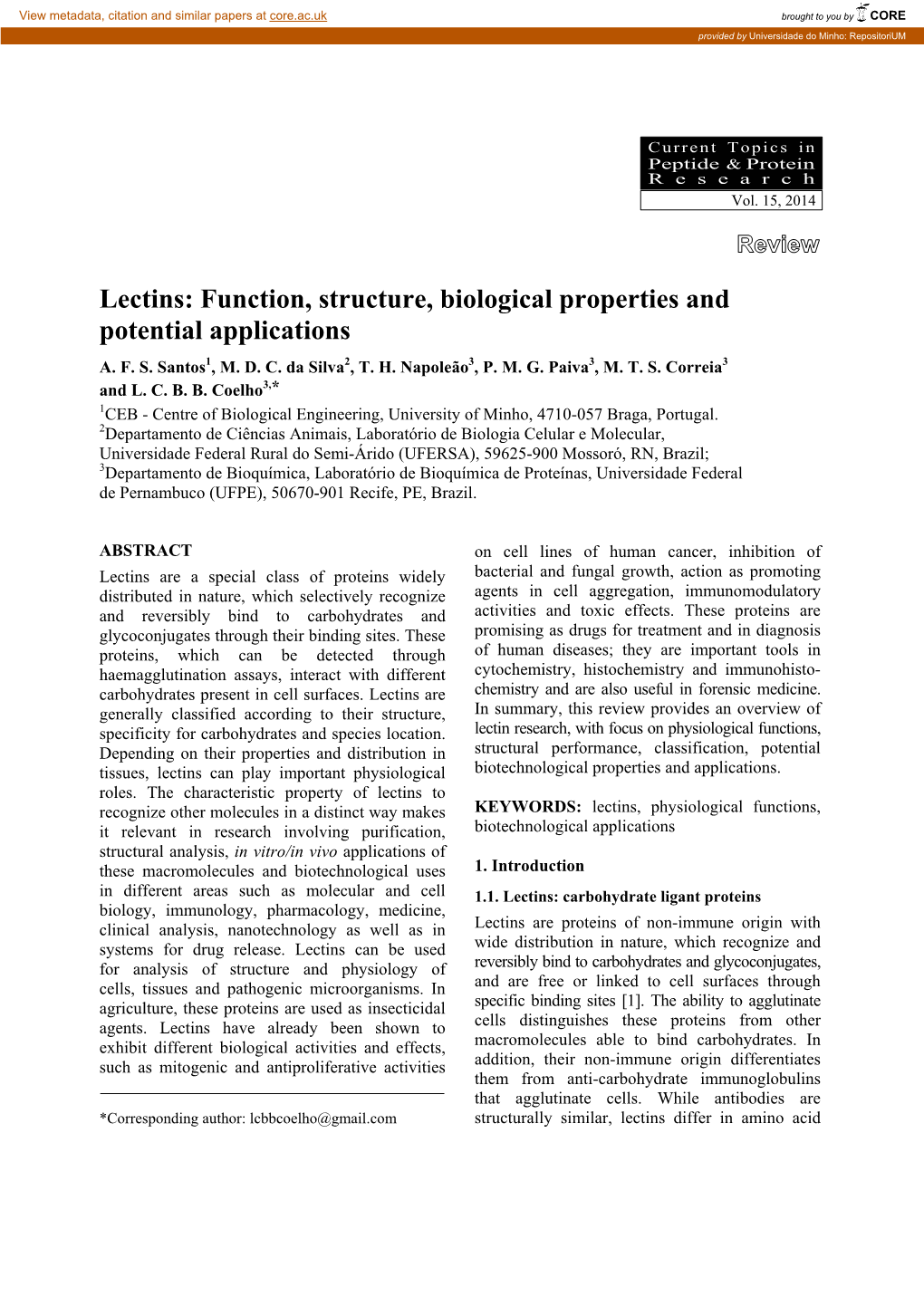 Lectins: Function, Structure, Biological Properties and Potential Applications