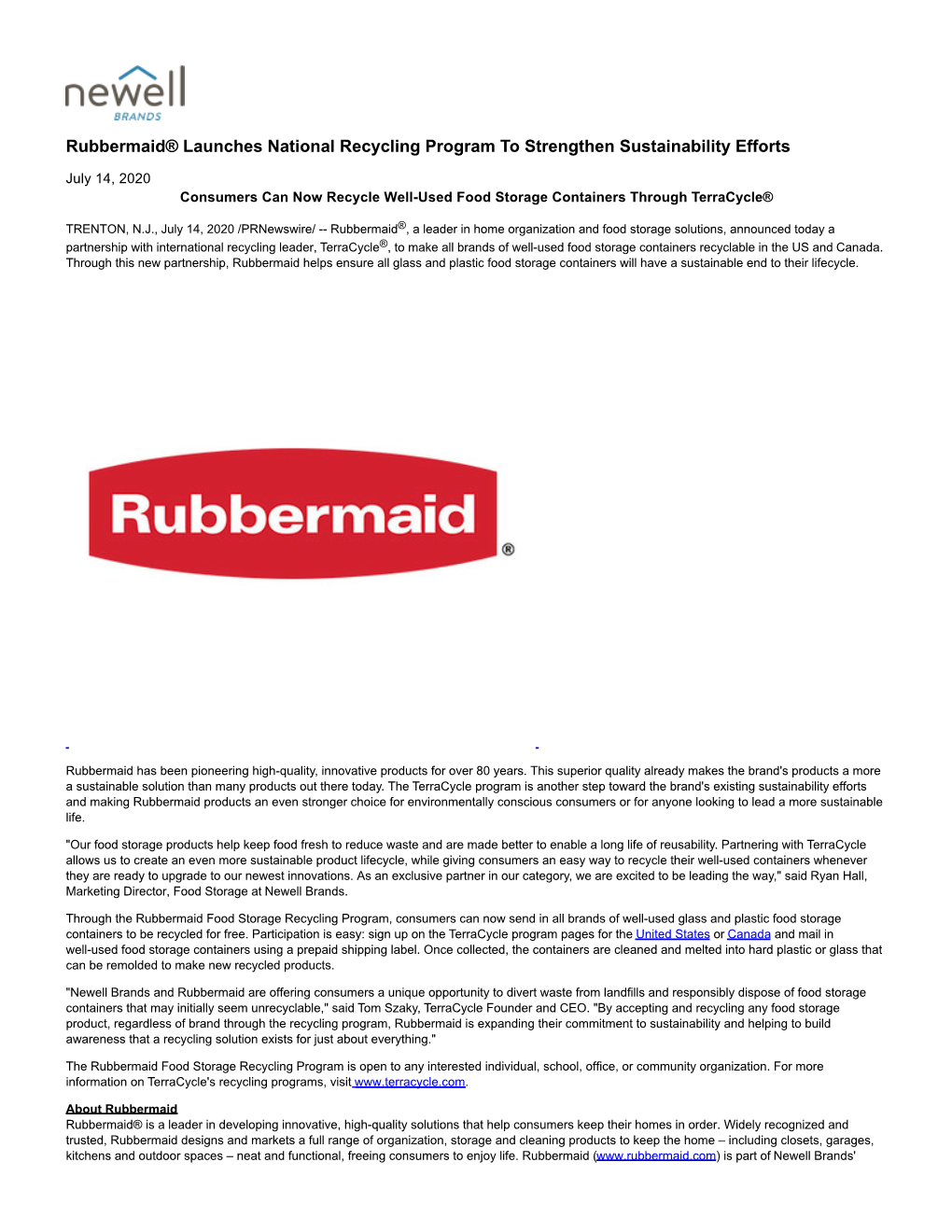 Rubbermaid® Launches National Recycling Program to Strengthen Sustainability Efforts