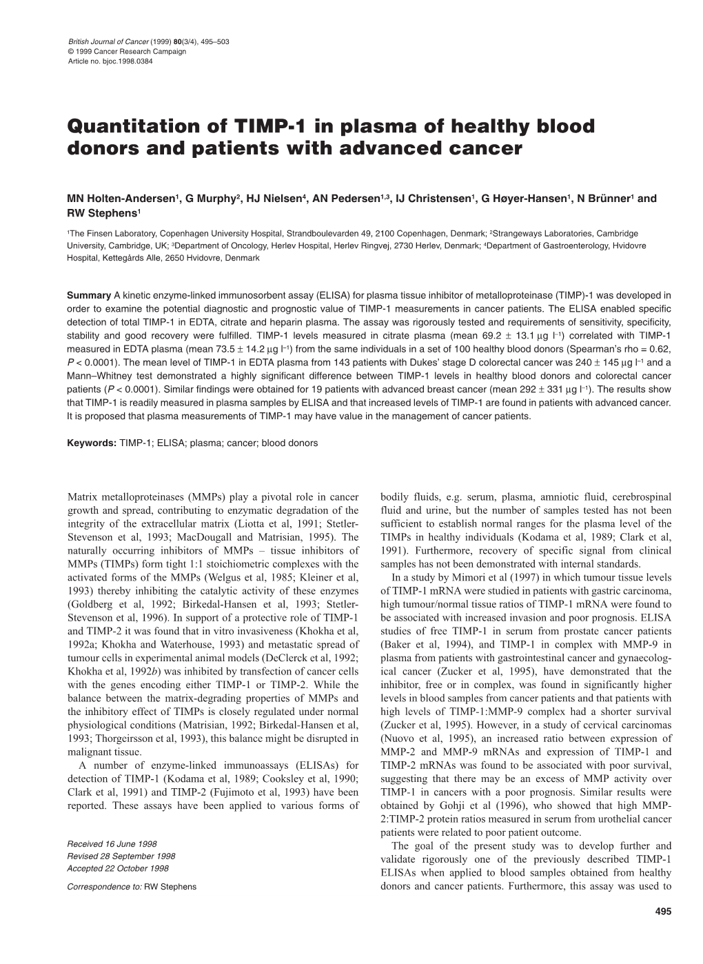 Quantitation of TIMP-1 in Plasma of Healthy Blood Donors and Patients with Advanced Cancer