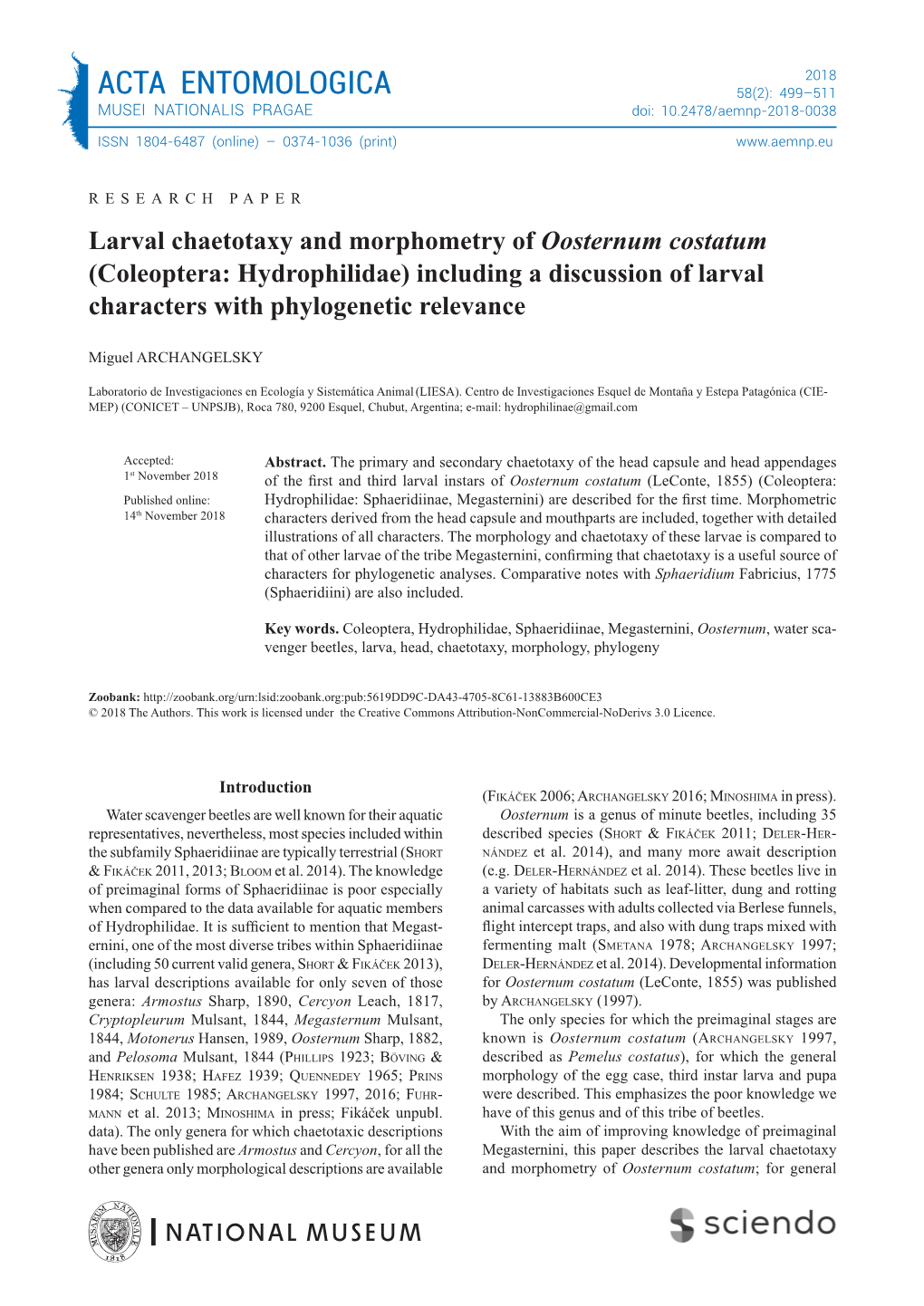 ACTA ENTOMOLOGICA 58(2): 499–511 MUSEI NATIONALIS PRAGAE Doi: 10.2478/Aemnp-2018-0038