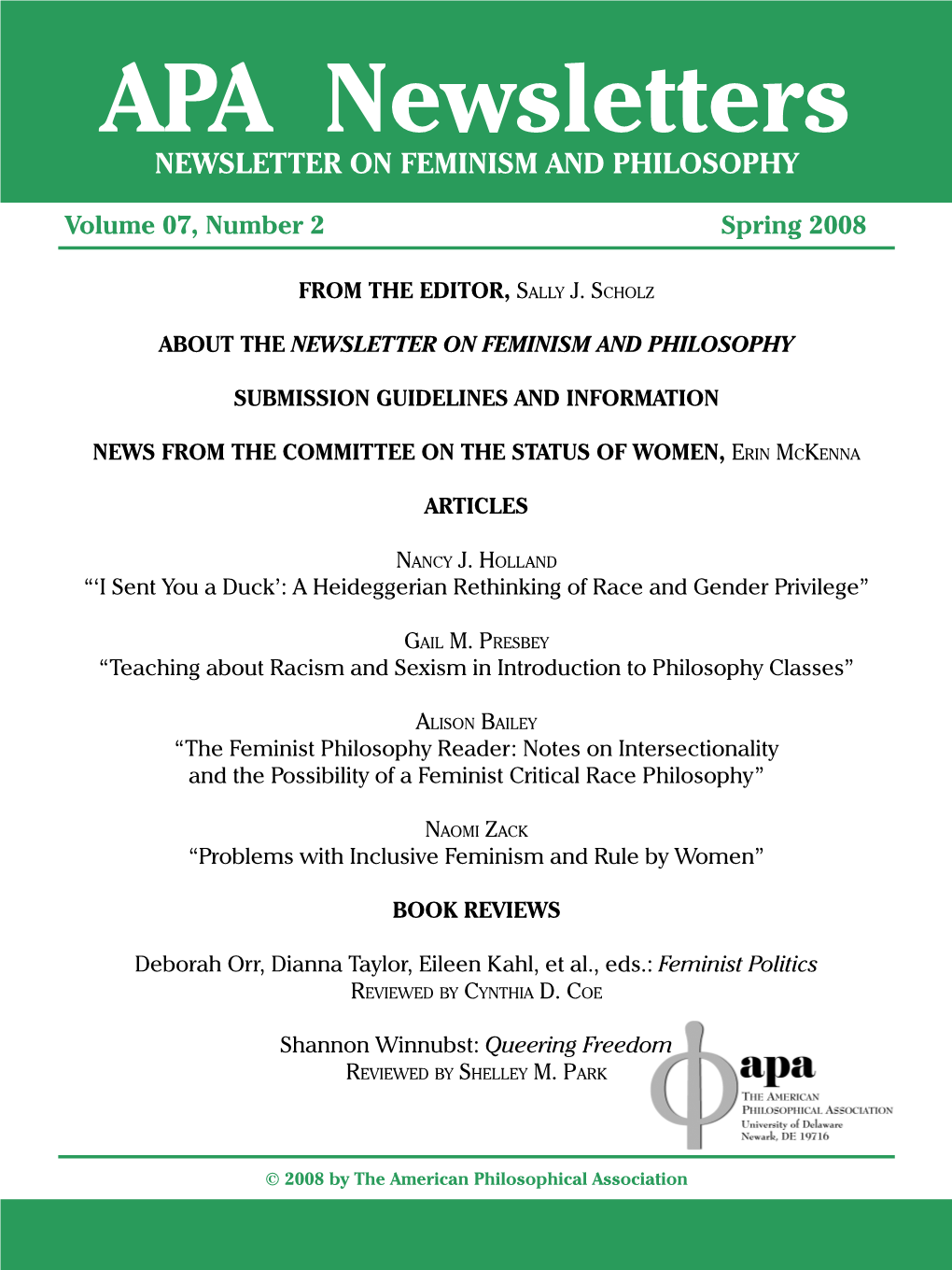 APA Newsletters NEWSLETTER on FEMINISM and PHILOSOPHY