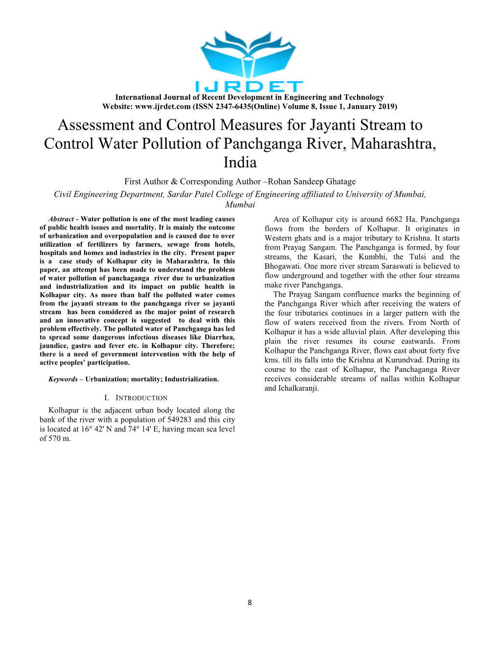 Assessment and Control Measures for Jayanti Stream to Control Water