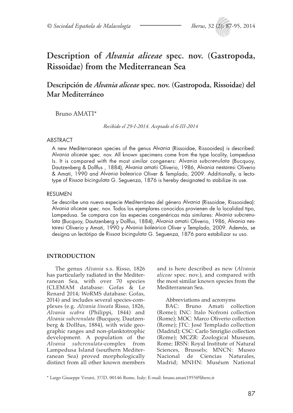 Description of Alvania Aliceae Spec. Nov. (Gastropoda, Rissoidae) from the Mediterranean Sea
