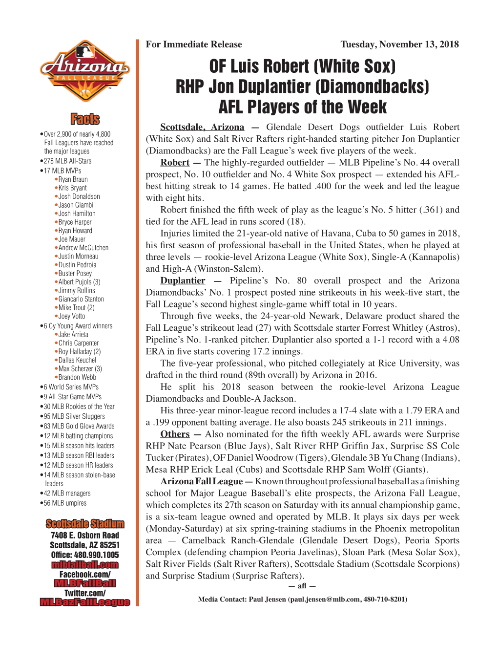 OF Luis Robert (White Sox) RHP Jon Duplantier (Diamondbacks) AFL