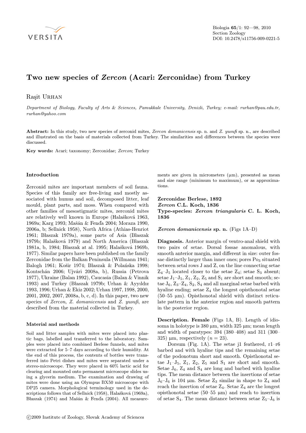 Two New Species of Zercon (Acari: Zerconidae) from Turkey